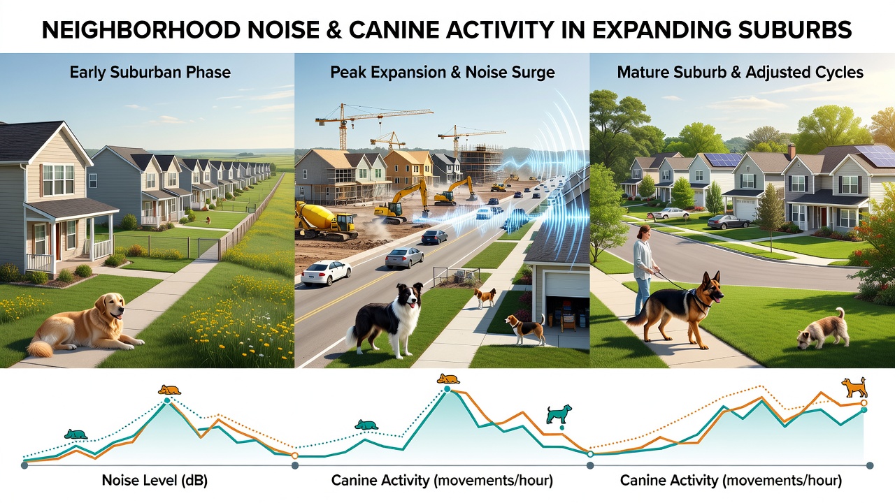Dogs exhibiting restless behavior near busy suburban streets with ongoing development in the background